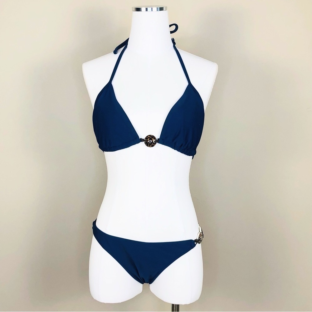 Letarte blue 2 pc string bikini triangle top tortoise shell embellishment
